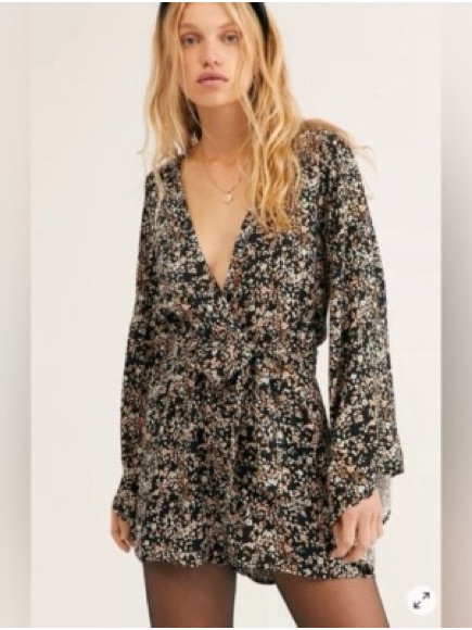Free People Floral Romper V Neck Black Size Large
